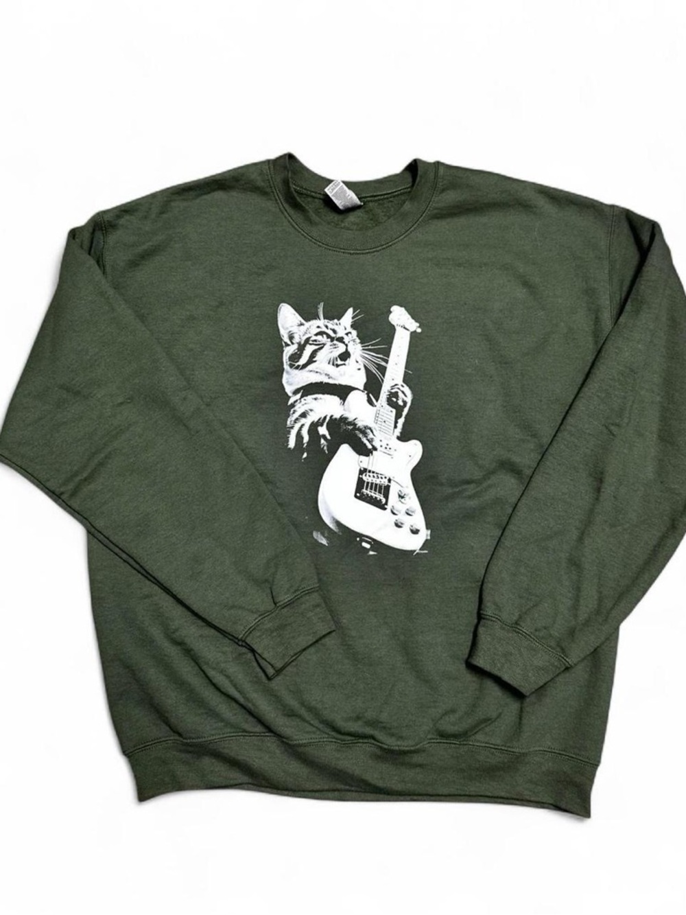 Rocking Cat w/ Guitar Green Graphic Sweatshirt with White Guitar Cat Print